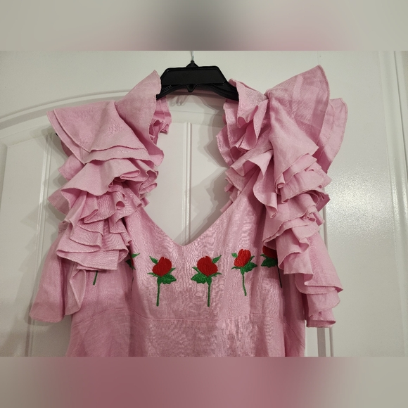 FANM MON Aster Pink DemreLinen Embroidered Maxi DressRuffle Sleeve NWT - Picture 15 of 16